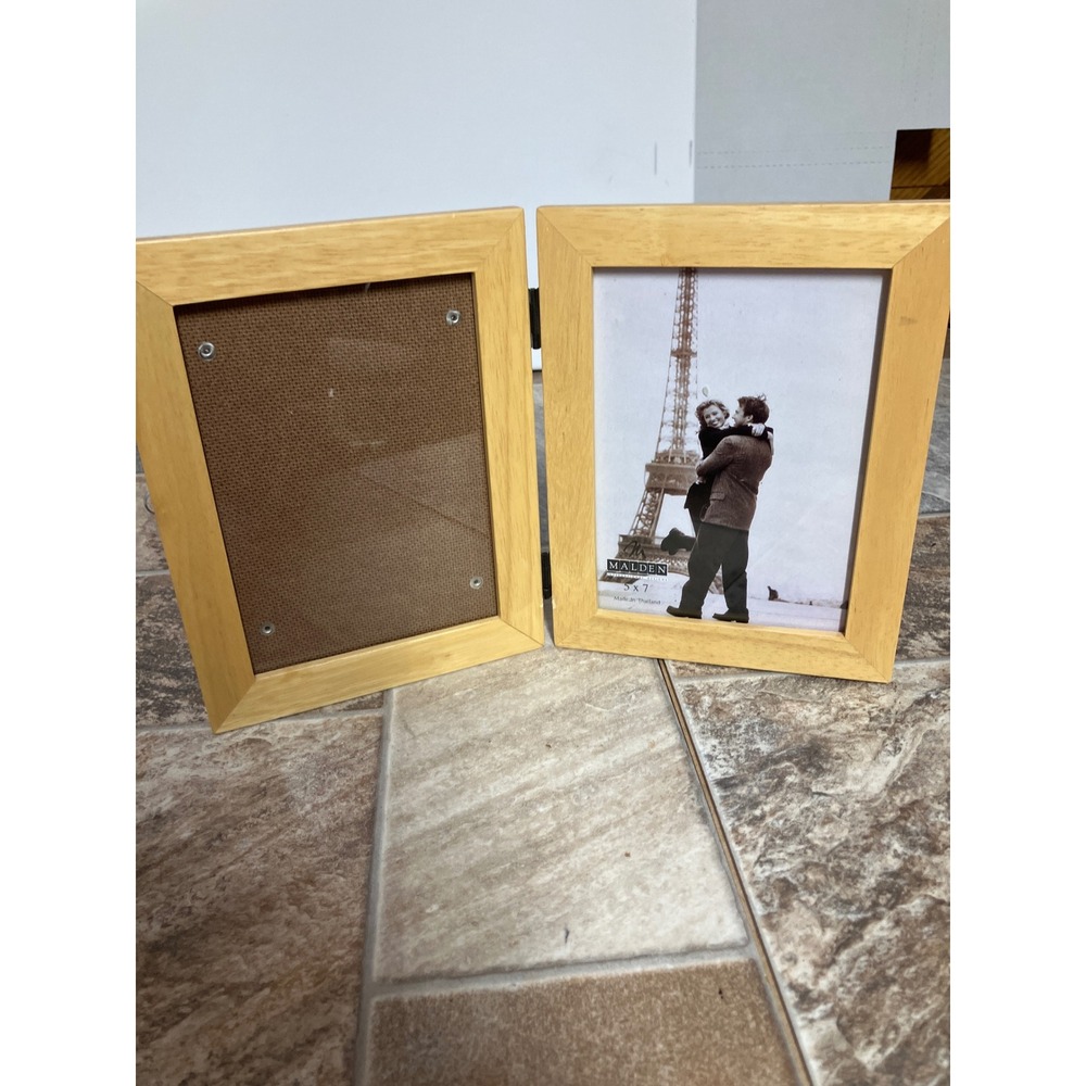 Malden International Designs 5x7 Wood Folding Double Picture Frame Natural Light